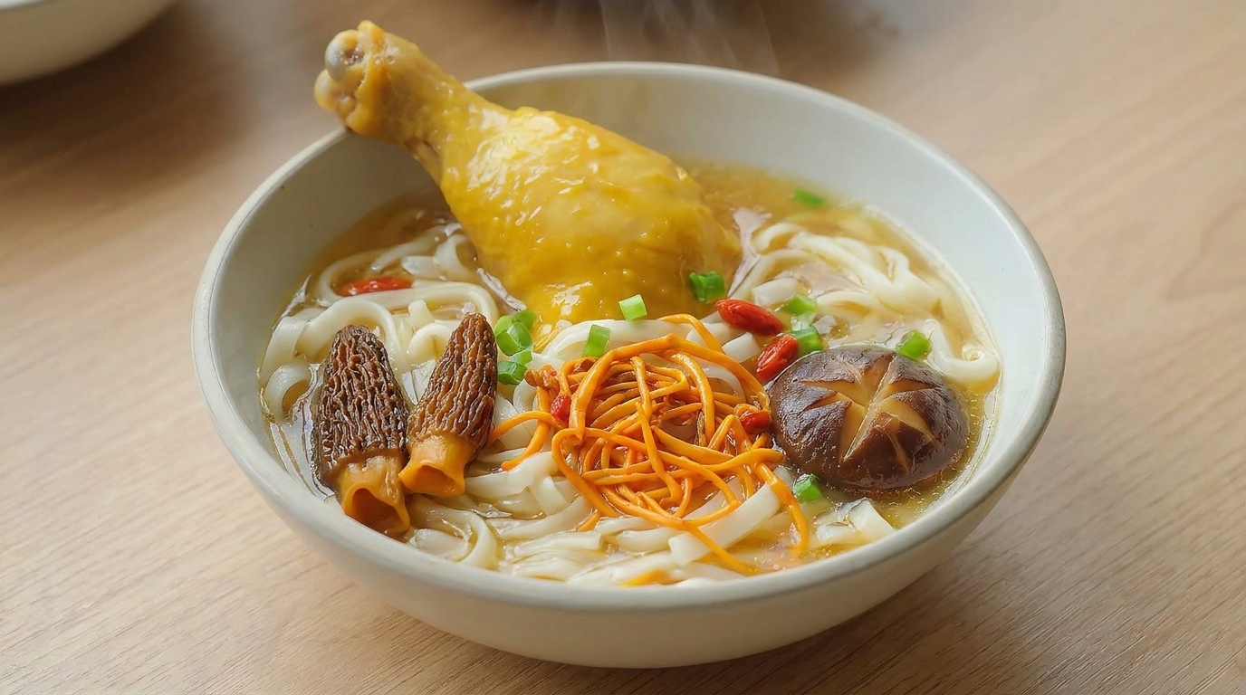 Zuppa di Noodles al Pollo con Funghi Morel e Cordyceps