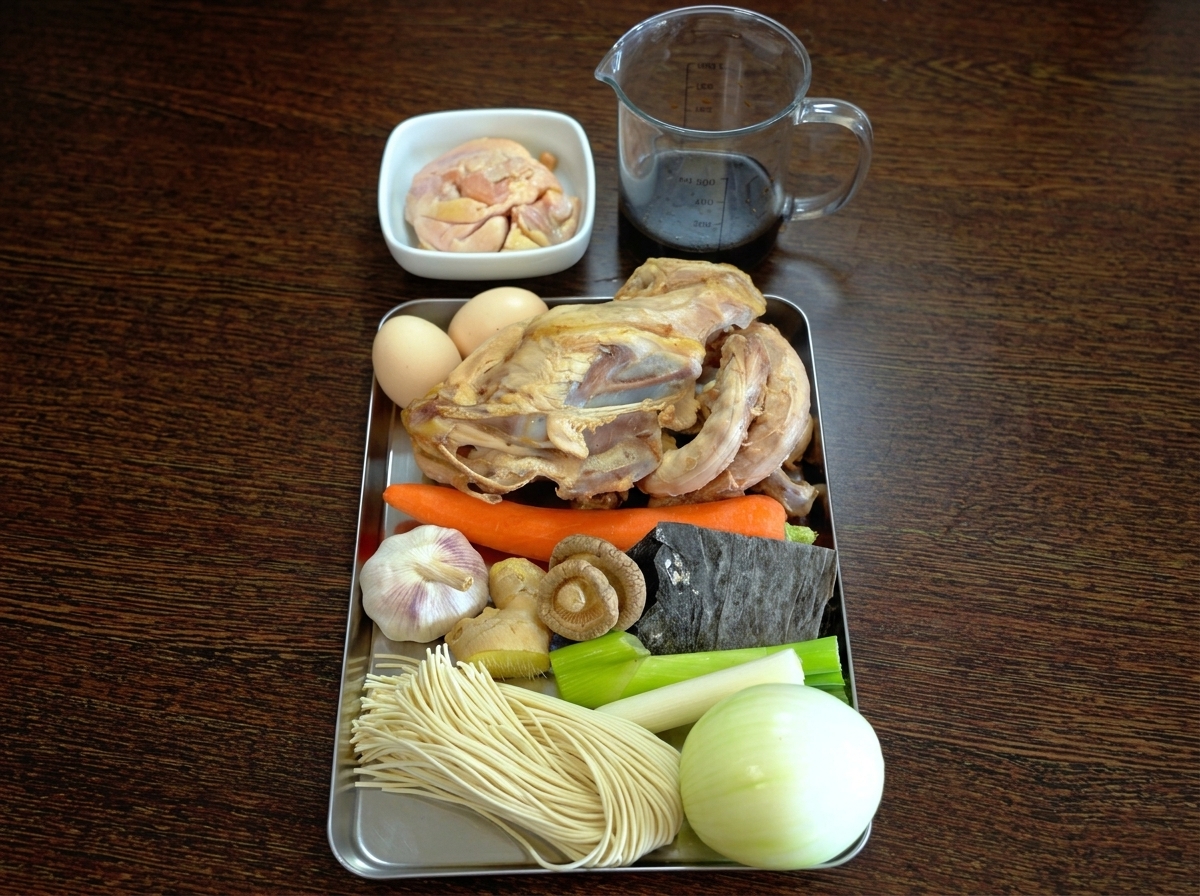 Un vassoio con una carcassa di pollo, verdure fresche, aromi, noodle crudi e uova, accanto a un misurino di salsa di soia.