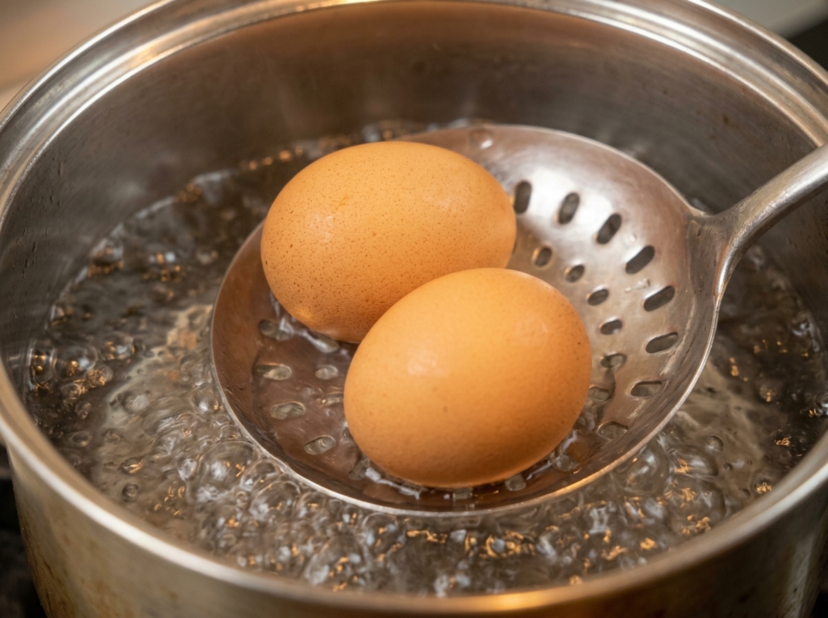 Due uova intere su un mestolo forato sopra una pentola di acqua bollente.