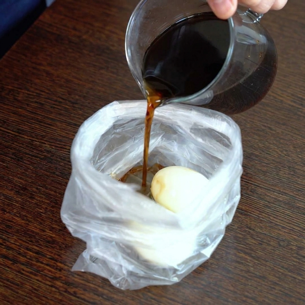 Marinata scura versata da una caraffa in un sacchetto di plastica contenente due uova sbucciate.