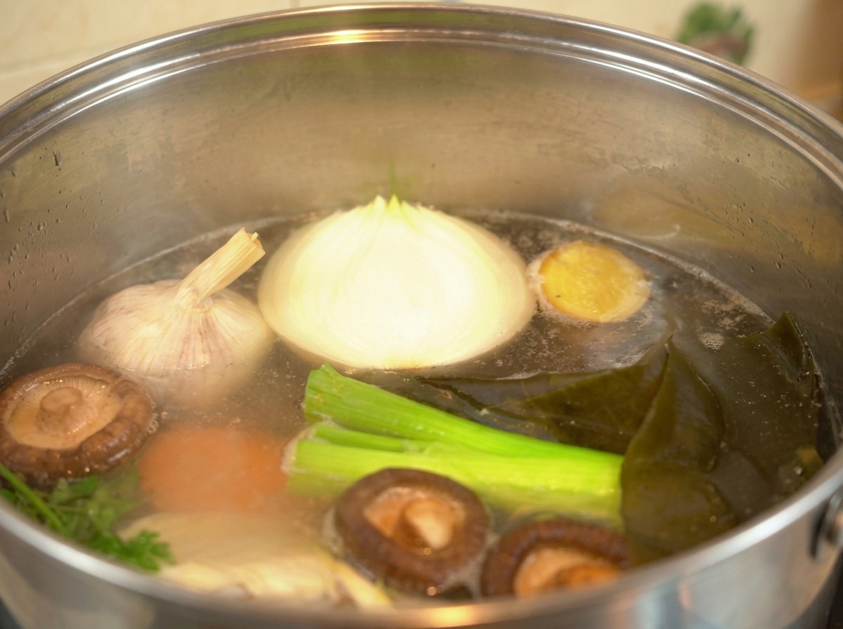 Pentola in acciaio con brodo limpido che sobbolle, con cipolla, shiitake, kombu e porri in superficie.