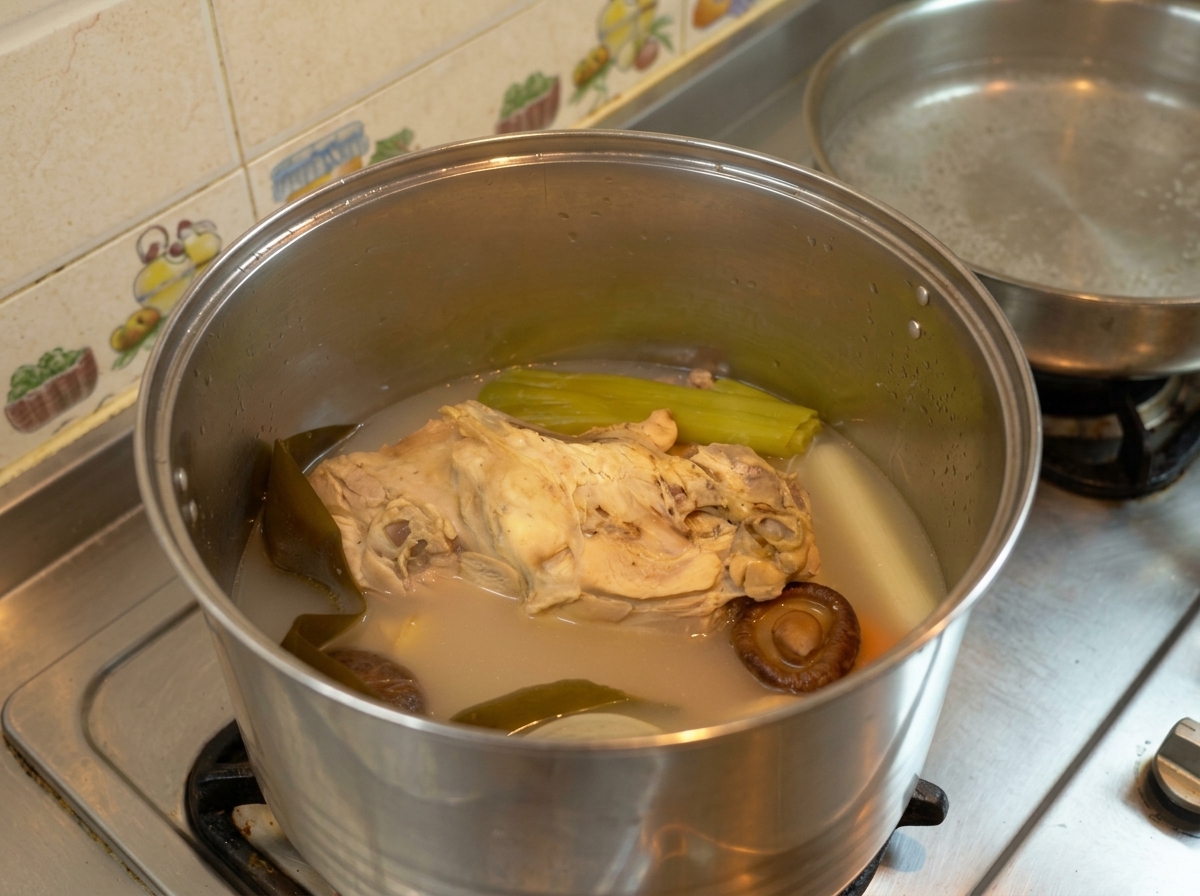 Grande pentola con brodo di pollo ridotto e profumato insieme agli aromi.