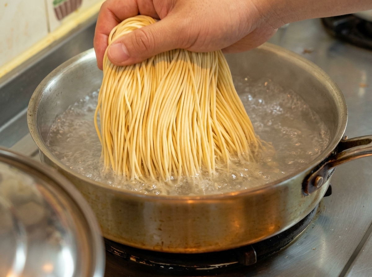 Una mano che cala i noodle freschi in una pentola di acqua in pieno bollore.