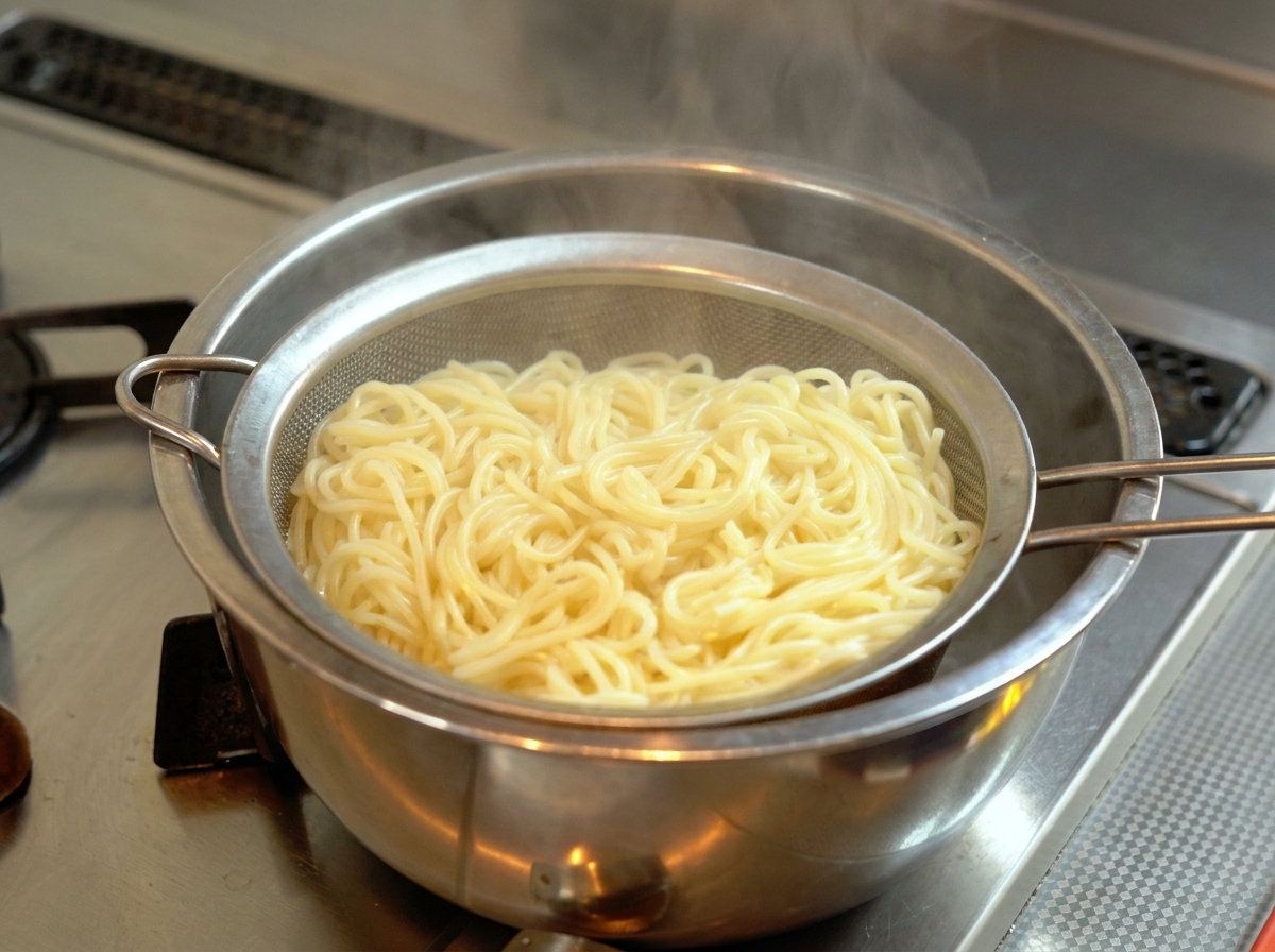 Noodle cotti sollevati e scolati in un colino a maglia fine sopra la pentola fumante.