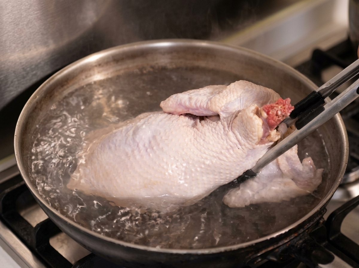 Un pollo intero immerso in una pentola di acqua bollente con laiuto di pinze di metallo.