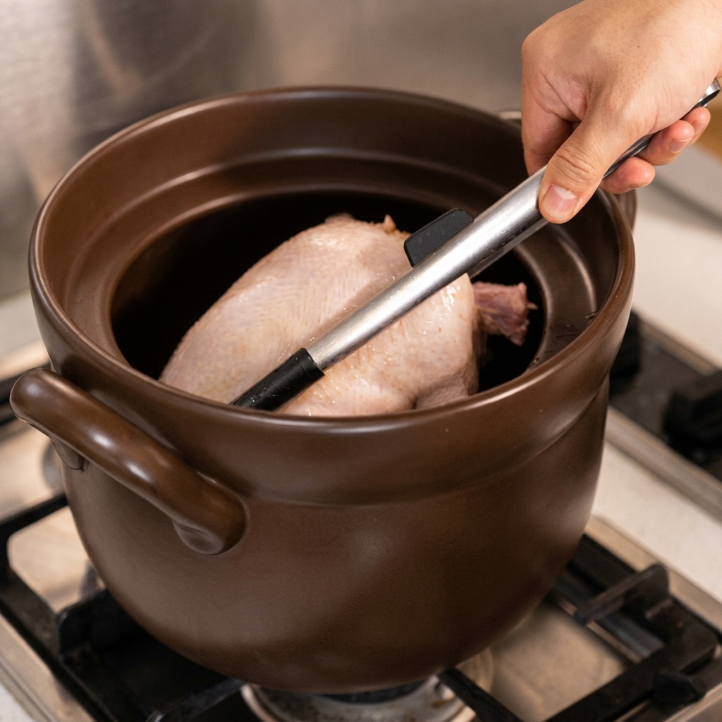 Una mano che usa le pinze per adagiare con cura il pollo sbollentato in una pentola di ceramica marrone.