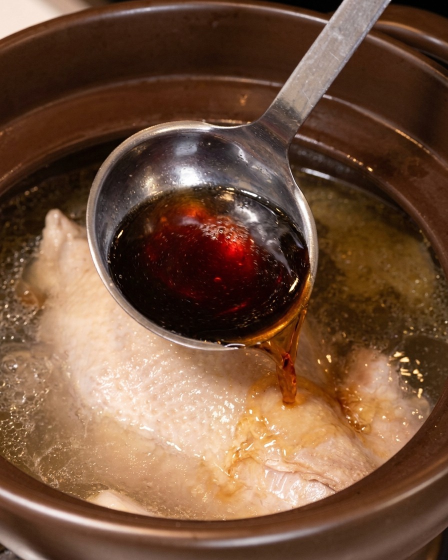 Vino giallo da cucina versato da un mestolo di metallo sopra un pollo intero che sobbolle nel brodo.