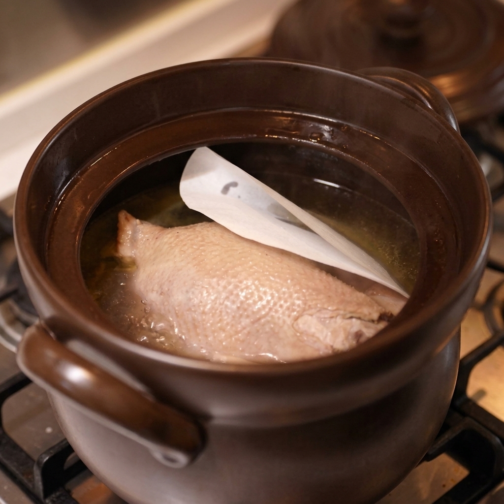 Un foglio assorbente bianco che galleggia sulla superficie del brodo di pollo allinterno di una pentola marrone.