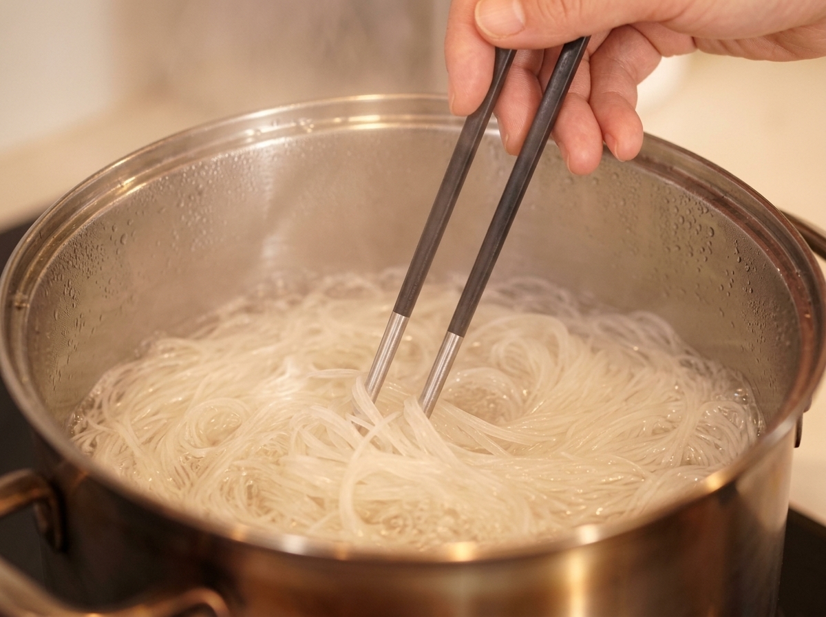 Una mano che usa le bacchette per mescolare i somen bianchi e sottili in acqua bollente.