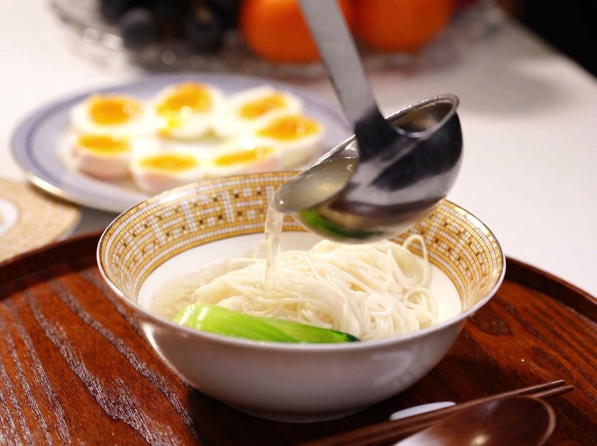 Un mestolo di metallo che versa brodo di pollo fumante sopra tagliolini e bok choy in una ciotola decorata.