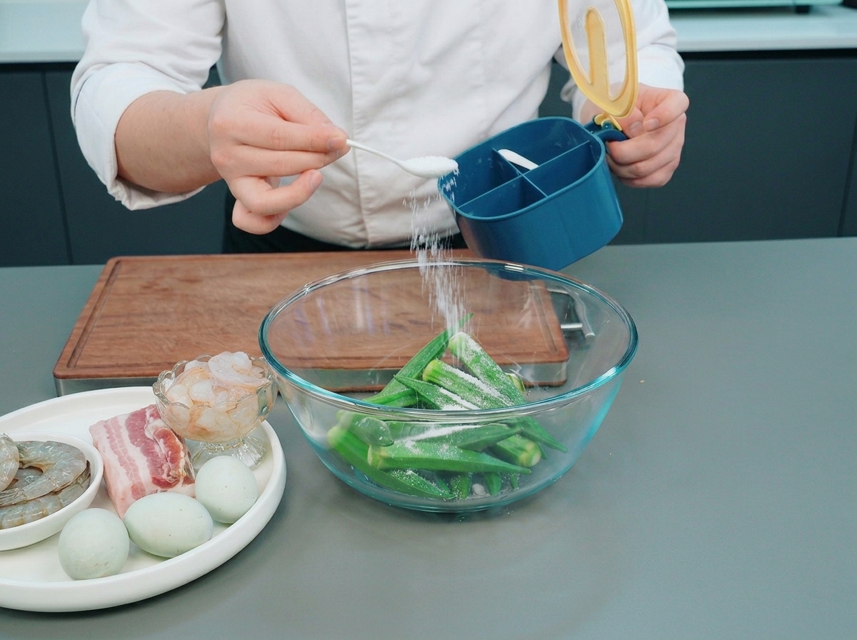 Uno chef che aggiunge un cucchiaio di sale bianco in una ciotola di vetro con okra fresca verde.