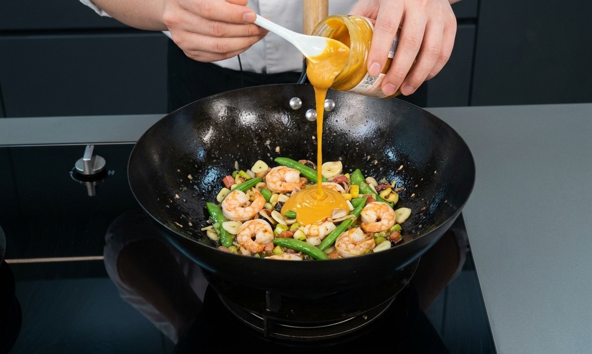 Brodo dorato bollente che viene versato attorno alla cupola di okra e patate in una ciotola scura.