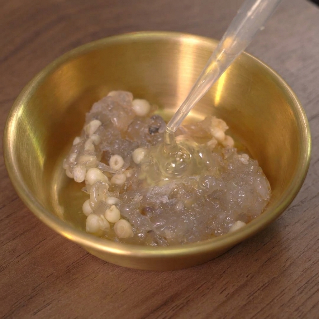 Albume duovo liquido versato sopra gamberi tritati e semi di okra in una piccola ciotola dorata.