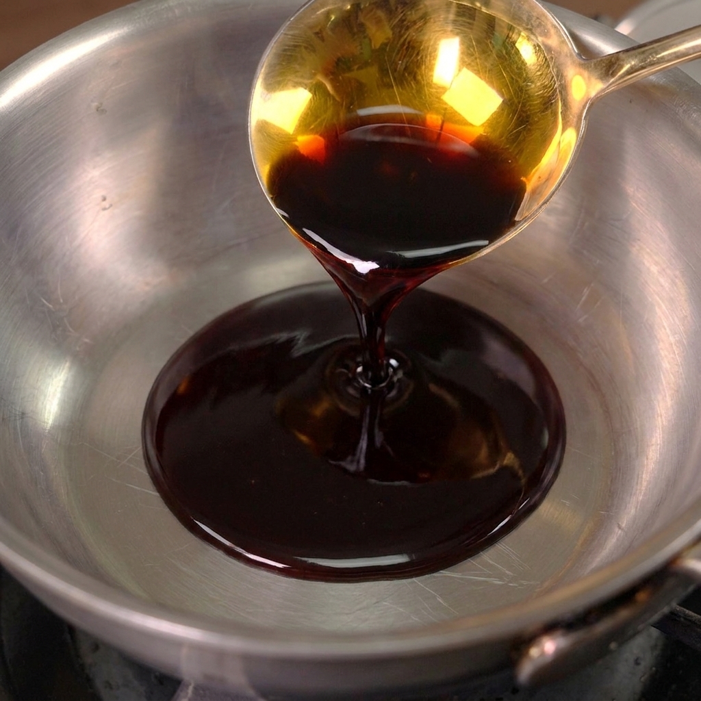 Salsa di soia scura e salsa dostrica versate da un mestolo dorato in un pentolino di acciaio inox vuoto.