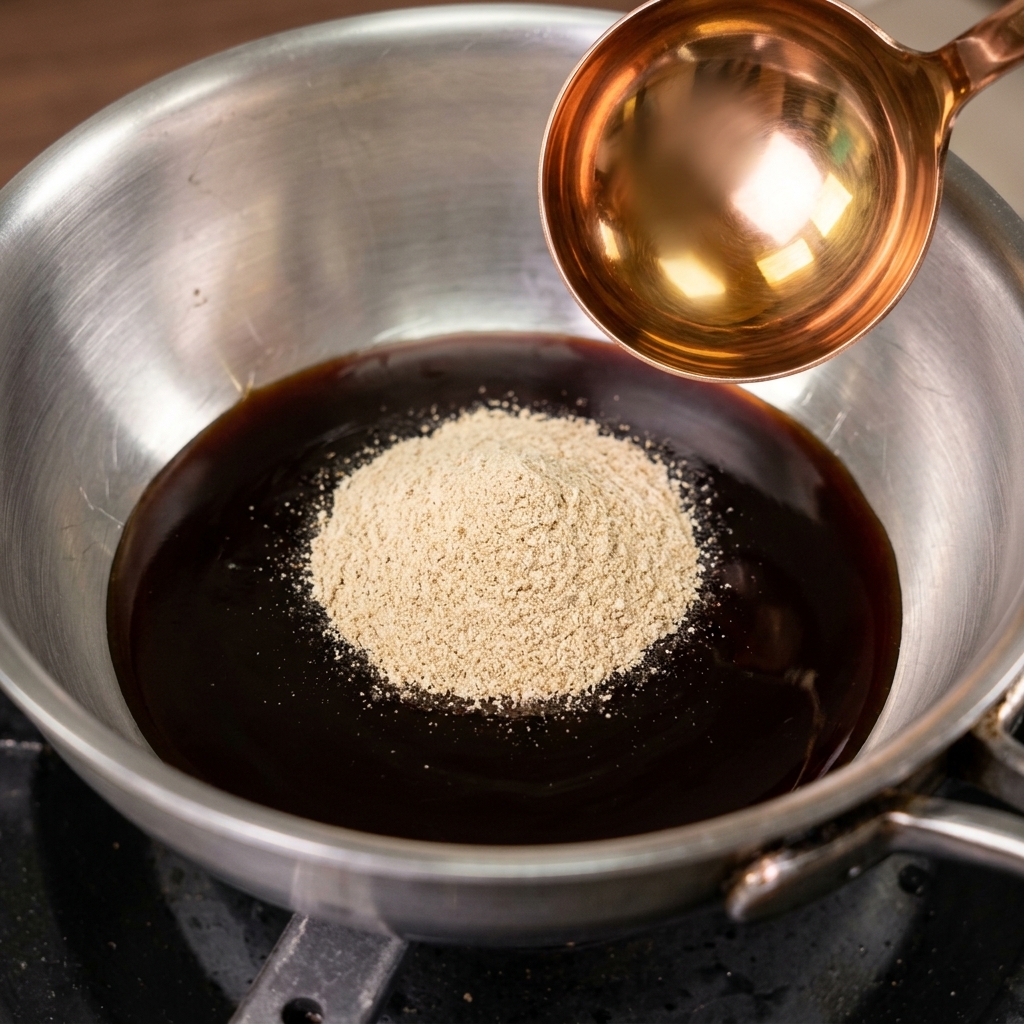 Un mucchietto di polvere cinque spezie e zucchero in una pozza di salsa di soia scura allinterno di un pentolino.