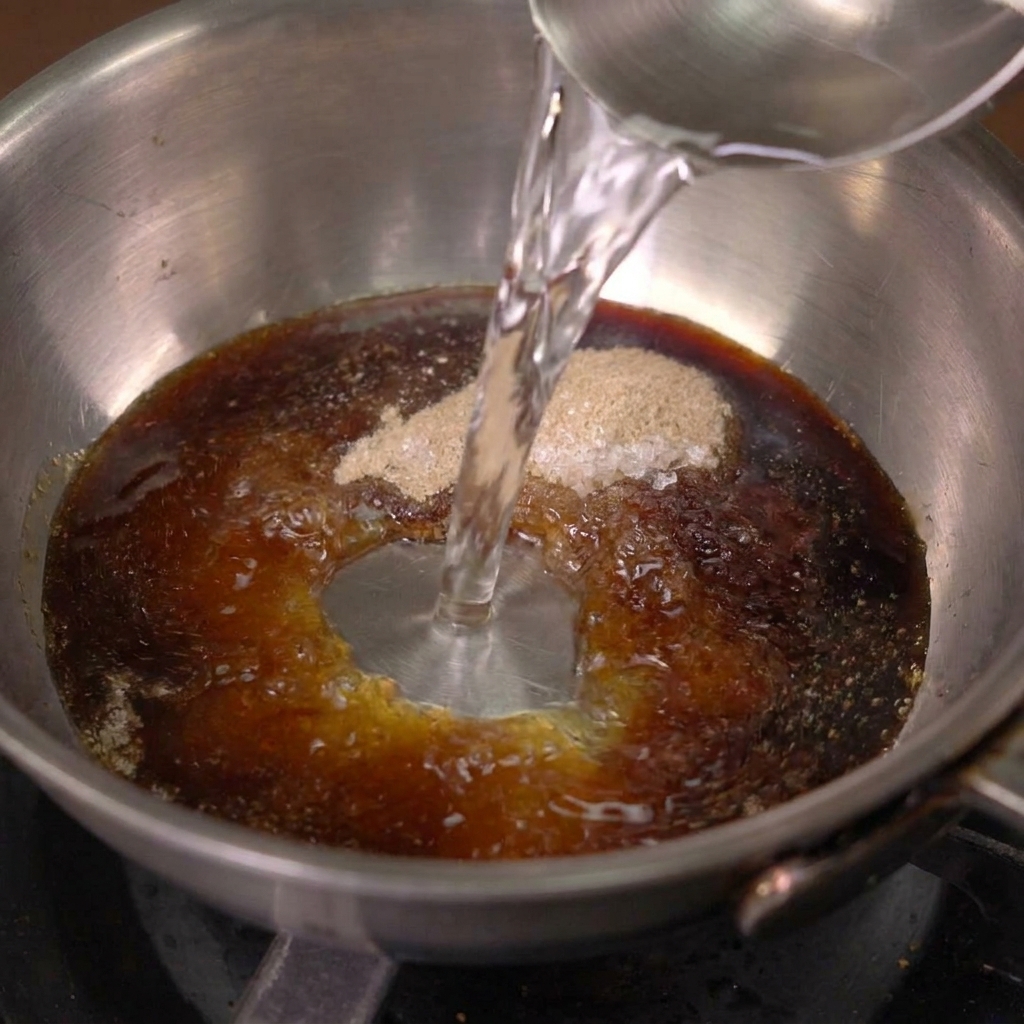 Acqua limpida versata da un mestolo in un pentolino contenente salsa di soia, zucchero e polvere cinque spezie.