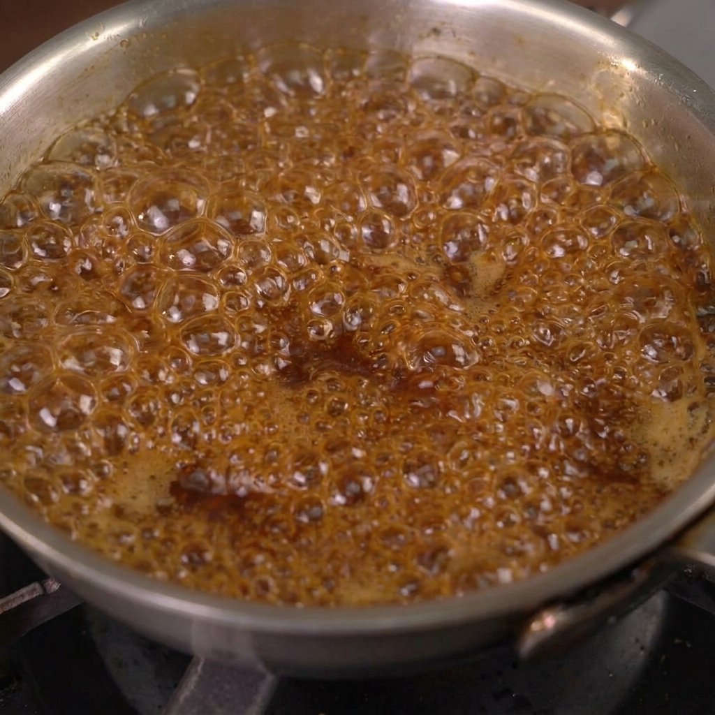 Una salsa scura e saporita che bolle rapidamente con grandi bolle in un pentolino di acciaio inox.