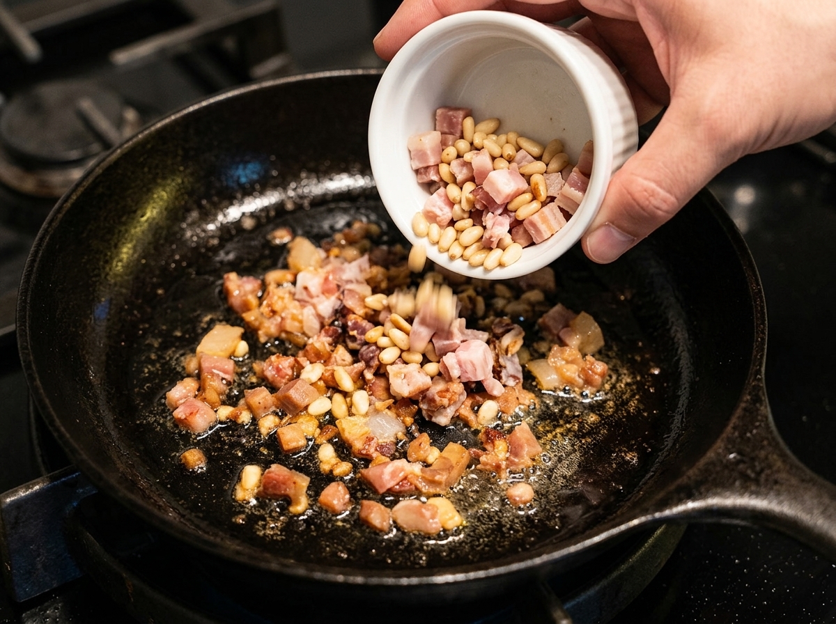 Cubetti di pancetta e pinoli versati in una padella di ghisa nera per sciogliere il grasso.