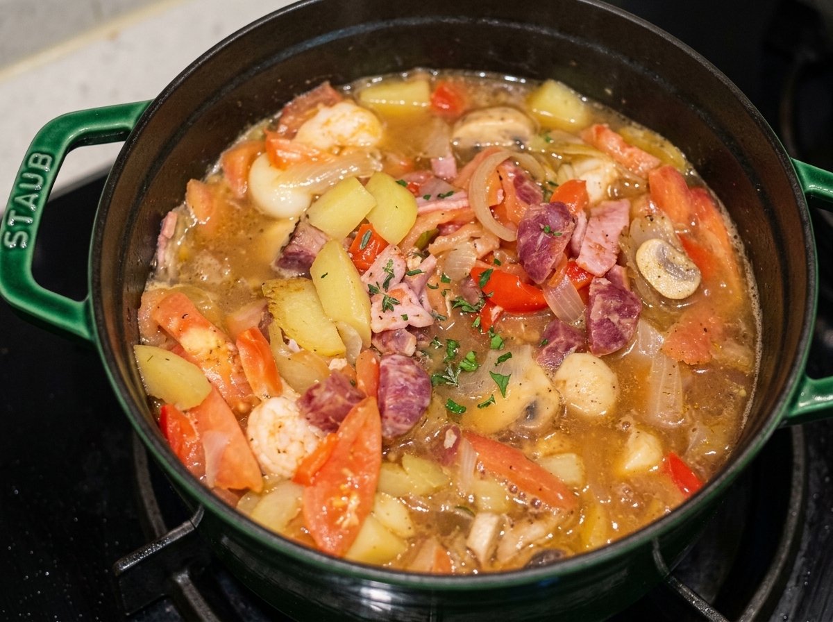 Pentola di ghisa verde sul fuoco piena di gamberi, patate, pomodori e funghi che sobbollono in un brodo saporito.