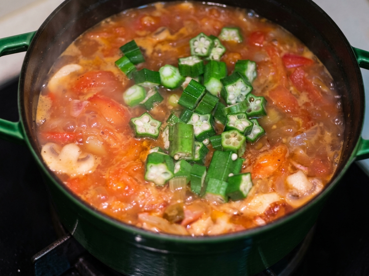 Pezzi di okra verde brillante appena affettati aggiunti sopra uno stufato di carne e pomodoro bollente.
