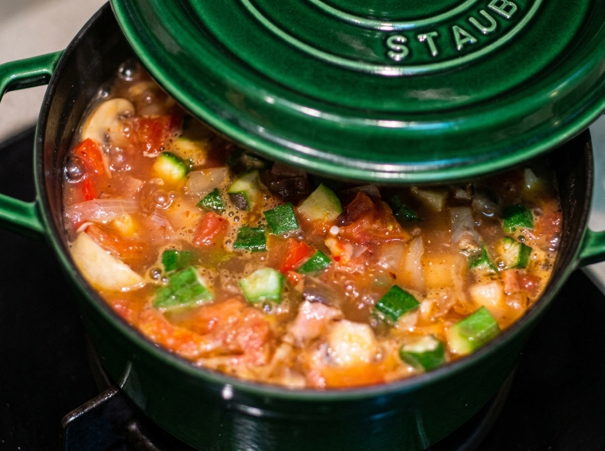 Un pesante coperchio di ghisa verde viene appoggiato su una pentola di gumbo fumante.