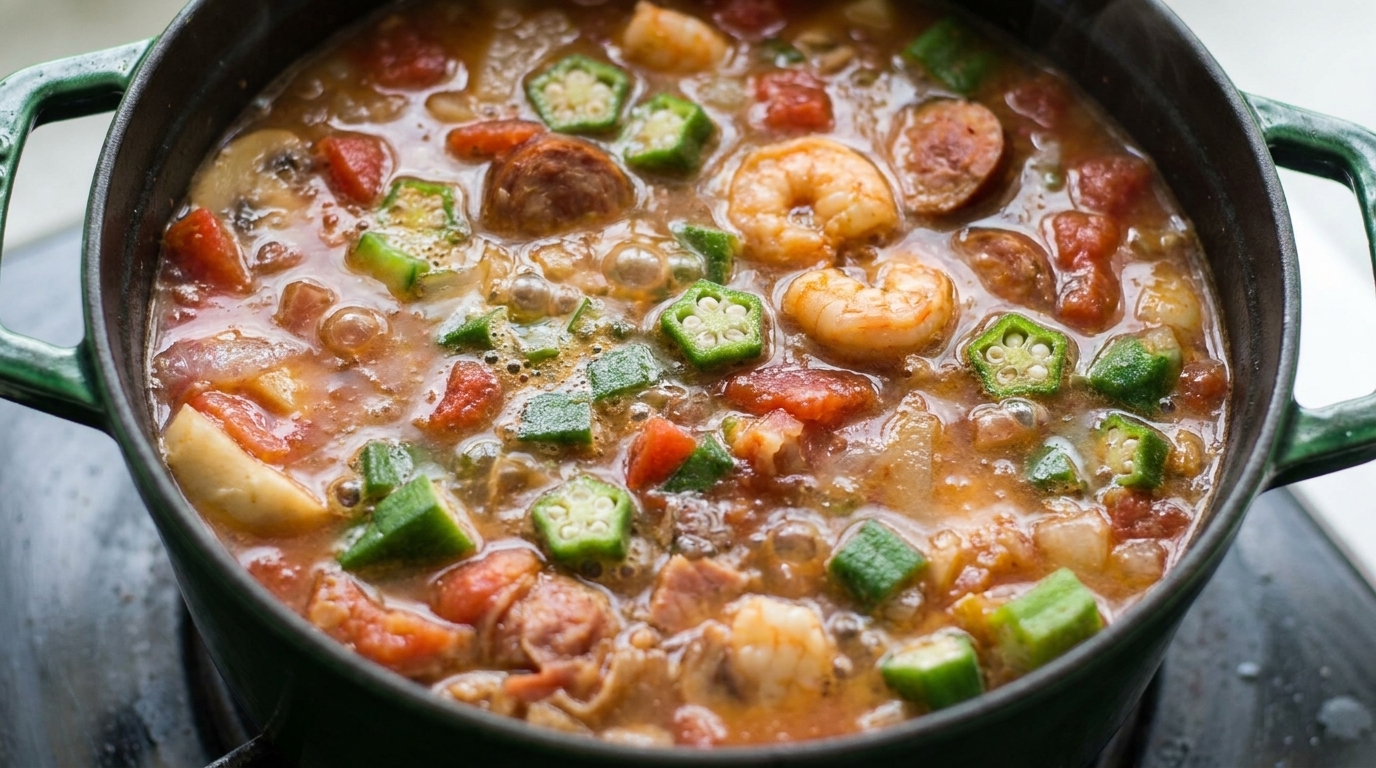 Gumbo ai Gamberi e Salsiccia con Bourbon al Grassi di Pancetta