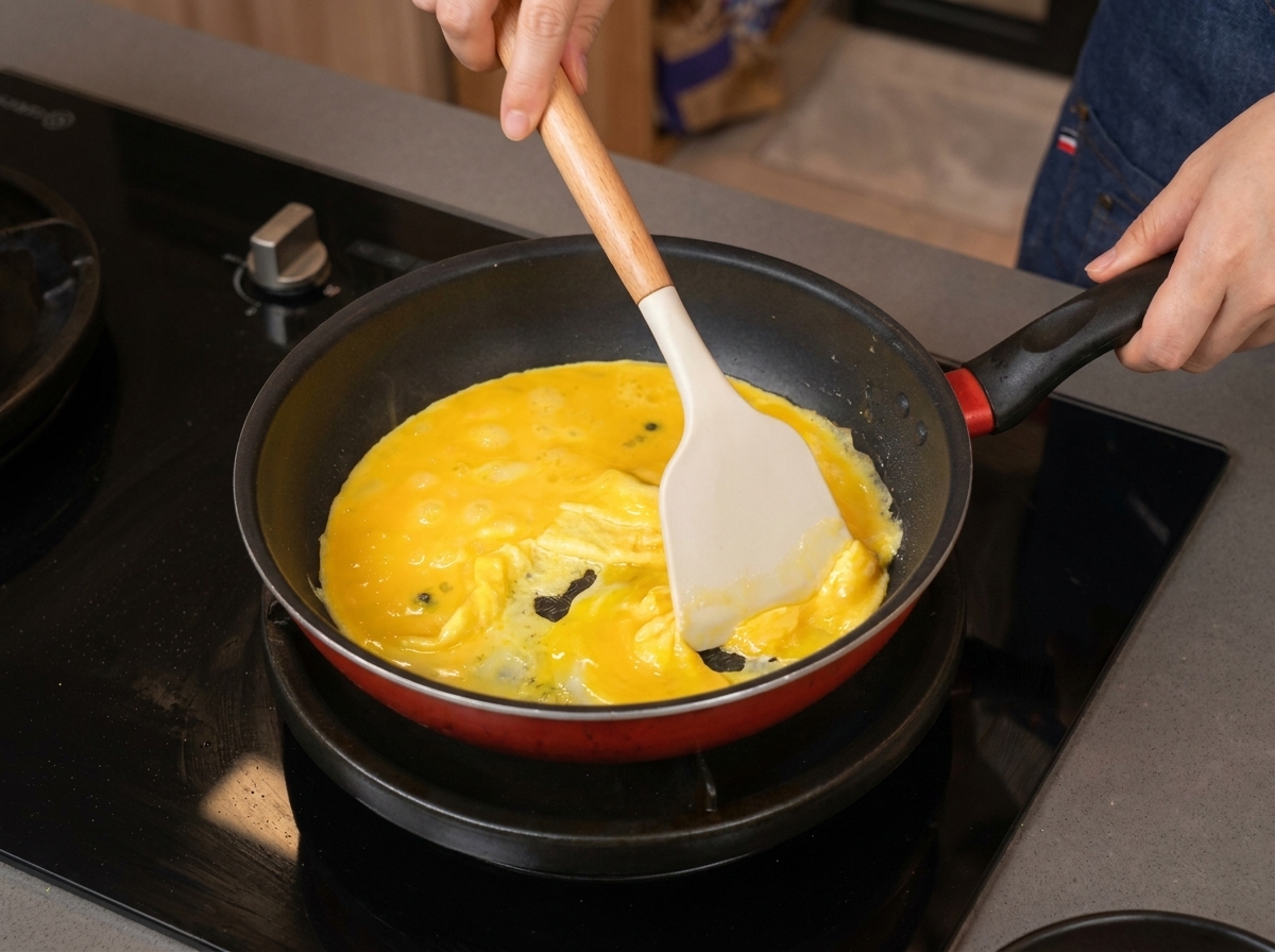 Una persona che usa una spatola in silicone bianca per spingere e piegare delicatamente le uova morbide in una padella rossa.