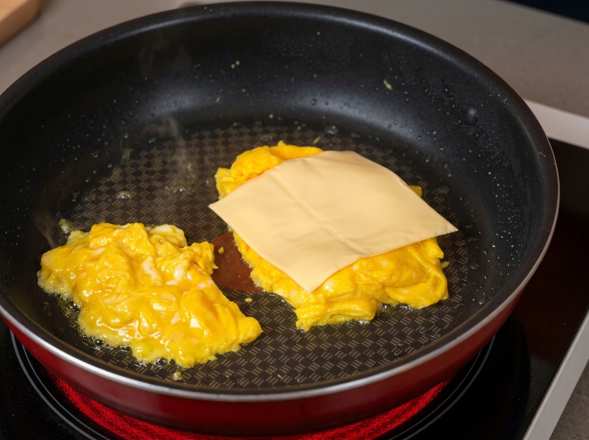Una fetta quadrata di formaggio fuso giallo chiaro appoggiata sopra le uova strapazzate in padella.