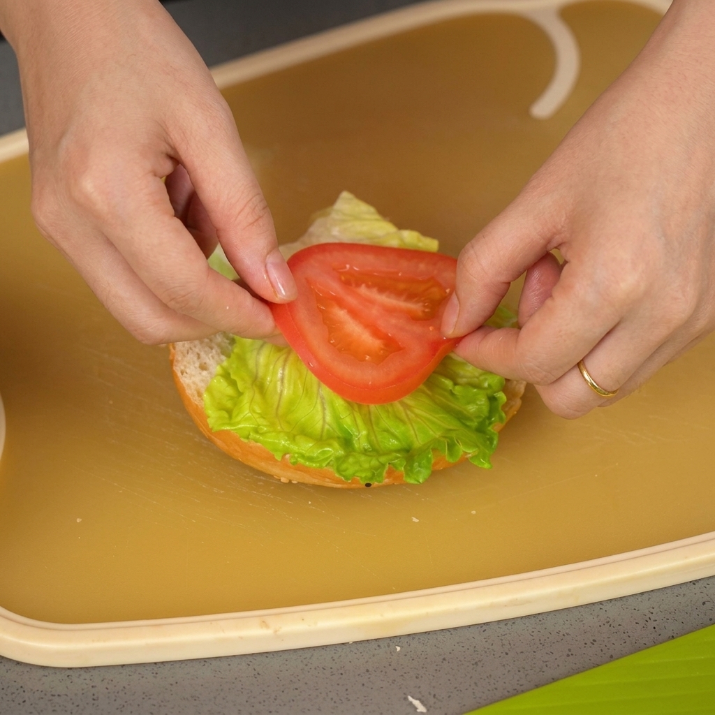 Una persona che mette una fetta tonda di pomodoro maturo sopra la lattuga nel panino.