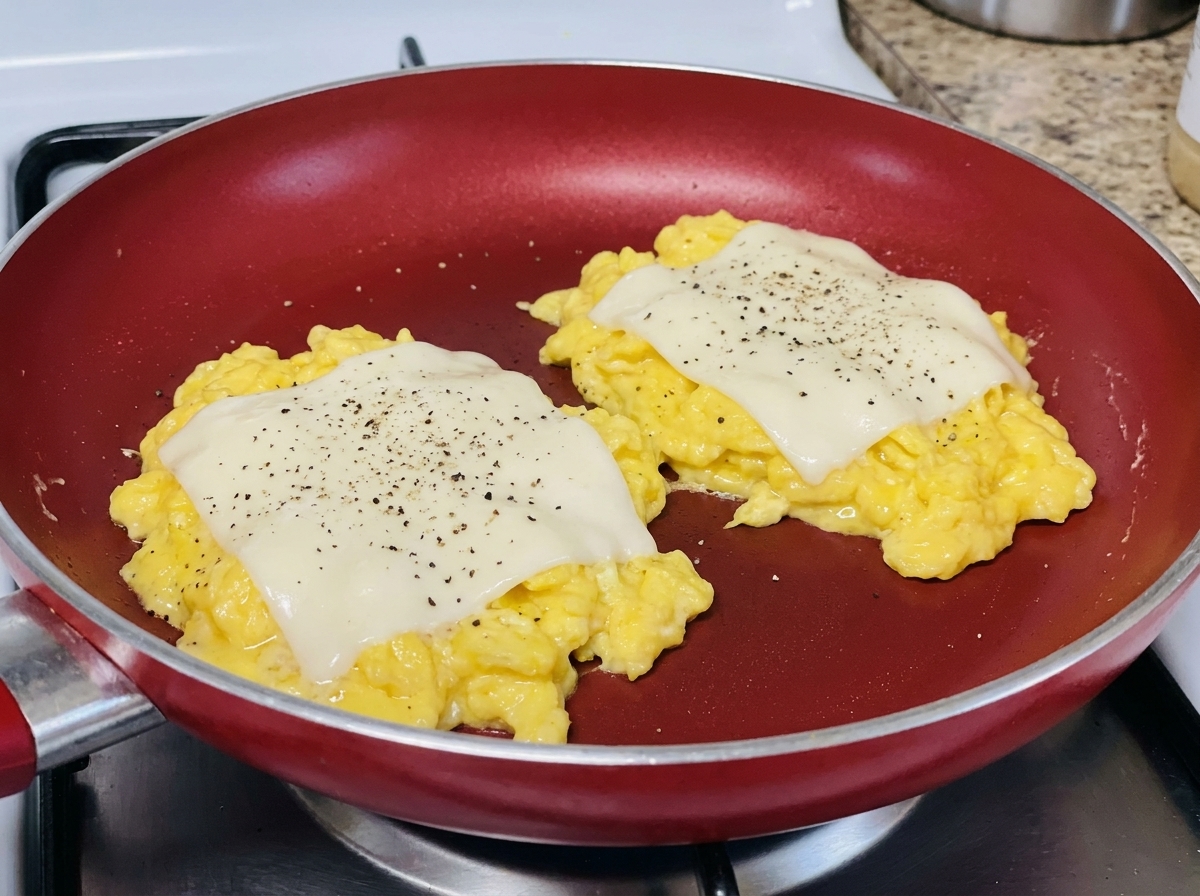 Primo piano di due porzioni di uova strapazzate con formaggio e una spolverata di pepe nero in una padella rossa.