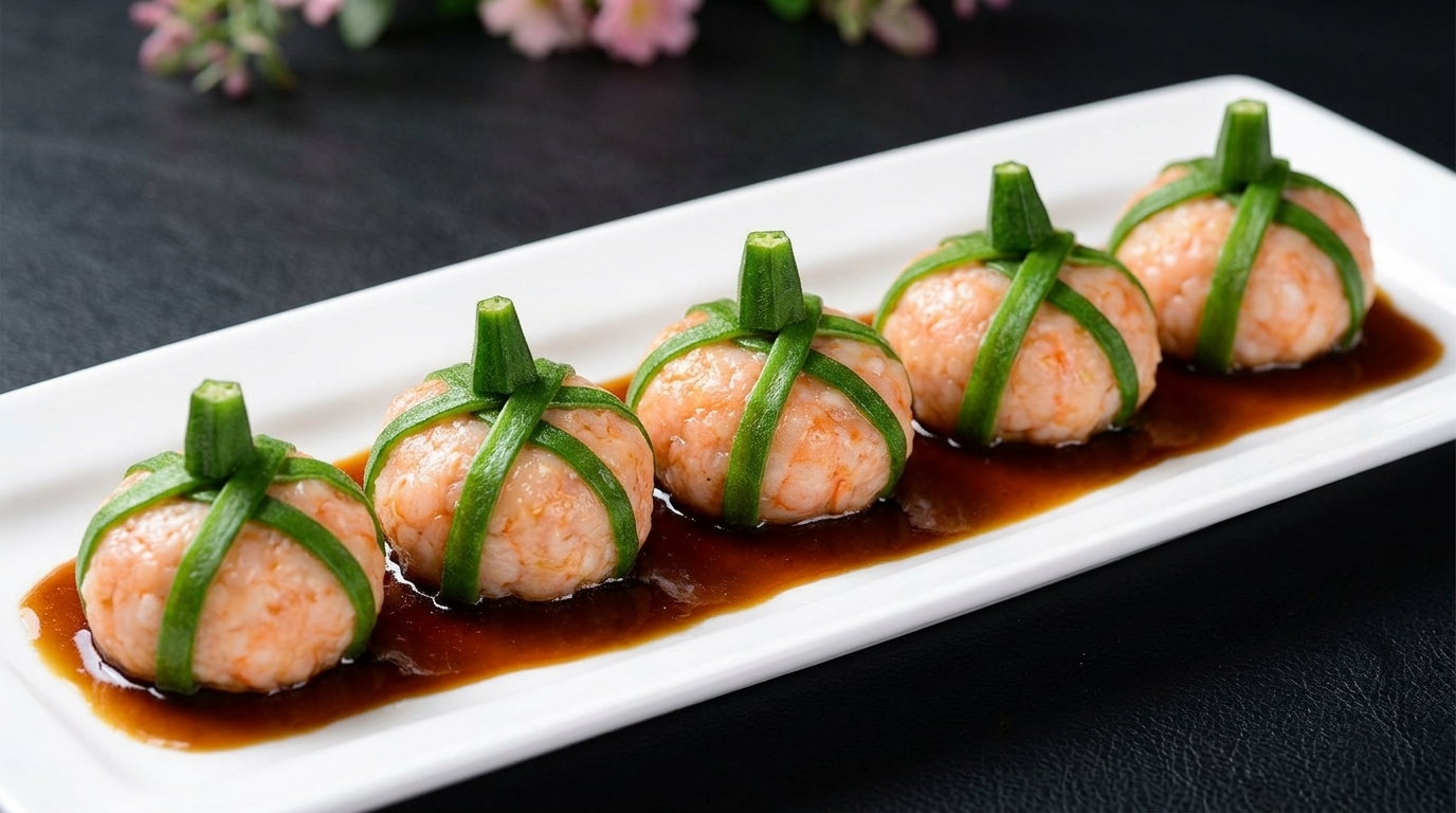 Polpette di gamberi polpose delicatamente avvolte in strisce di okra verde brillante e irrorate con una glassa scura e saporita.