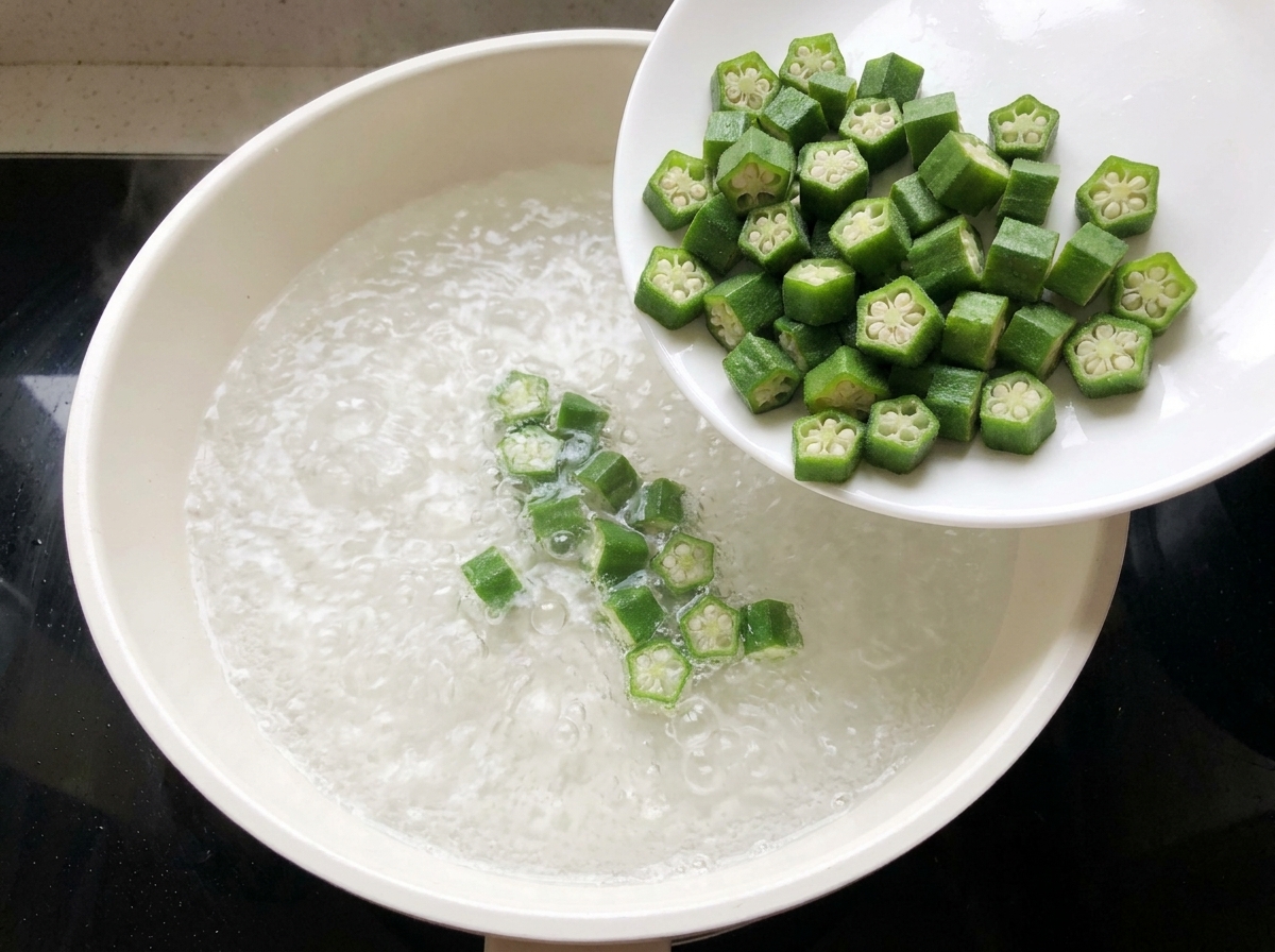 Pezzi di okra verde versati da un piatto bianco in una pentola dacqua bollente.