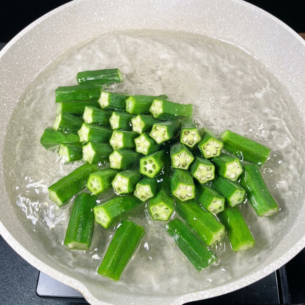 Pezzi di okra tagliati e di colore verde acceso che bollono in una pentola.