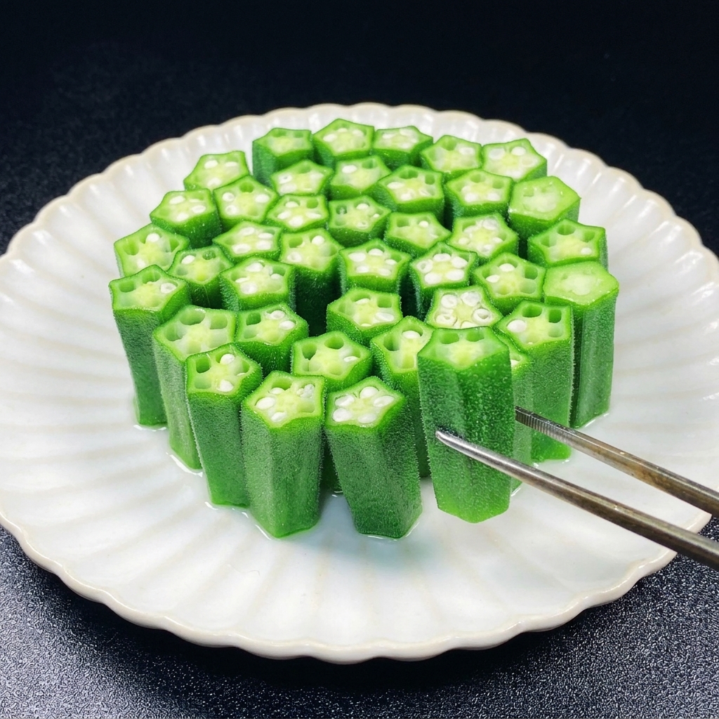 Uso di pinzette per posizionare verticalmente pezzi di okra verde in un cerchio stretto su un piatto bianco.