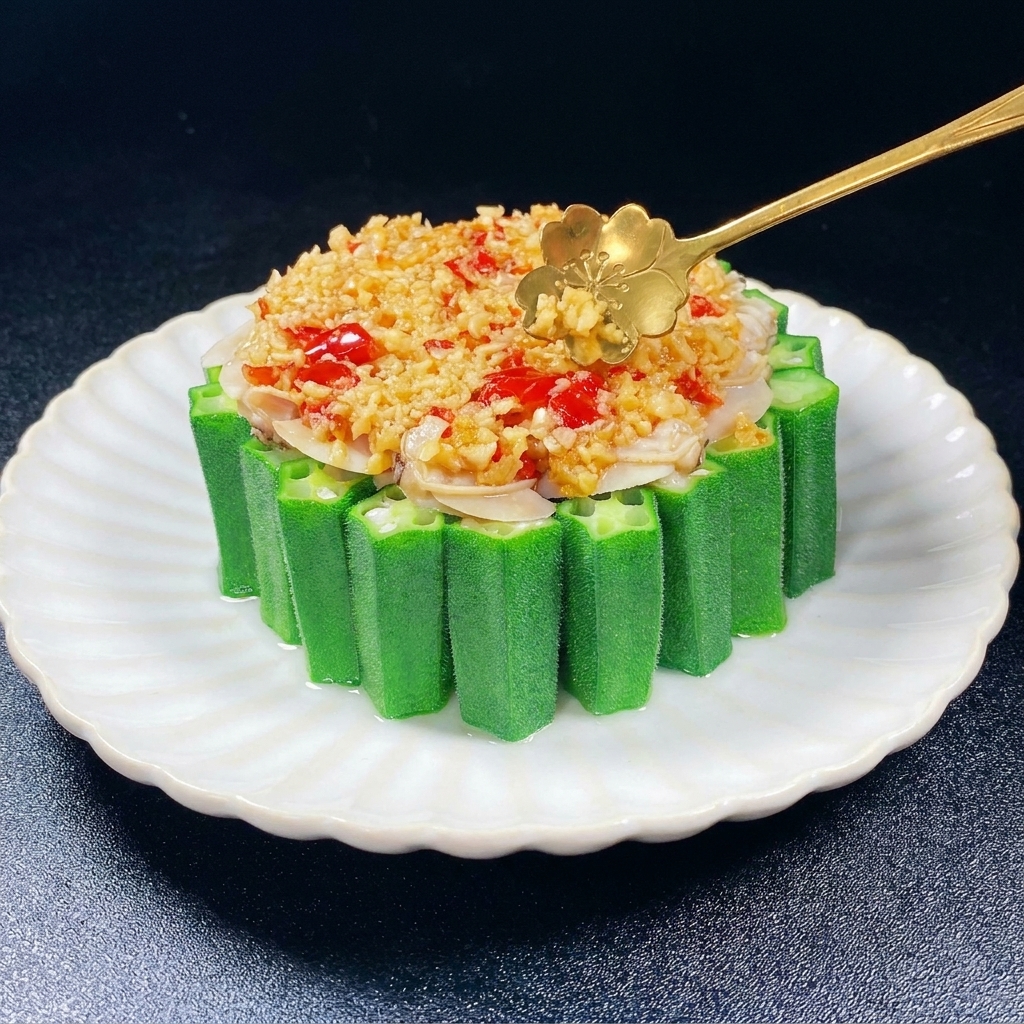 Un cucchiaio dorato che aggiunge un mix di aglio tritato e peperoncino rosso sopra la polpa di vongole al centro dellanello di okra.