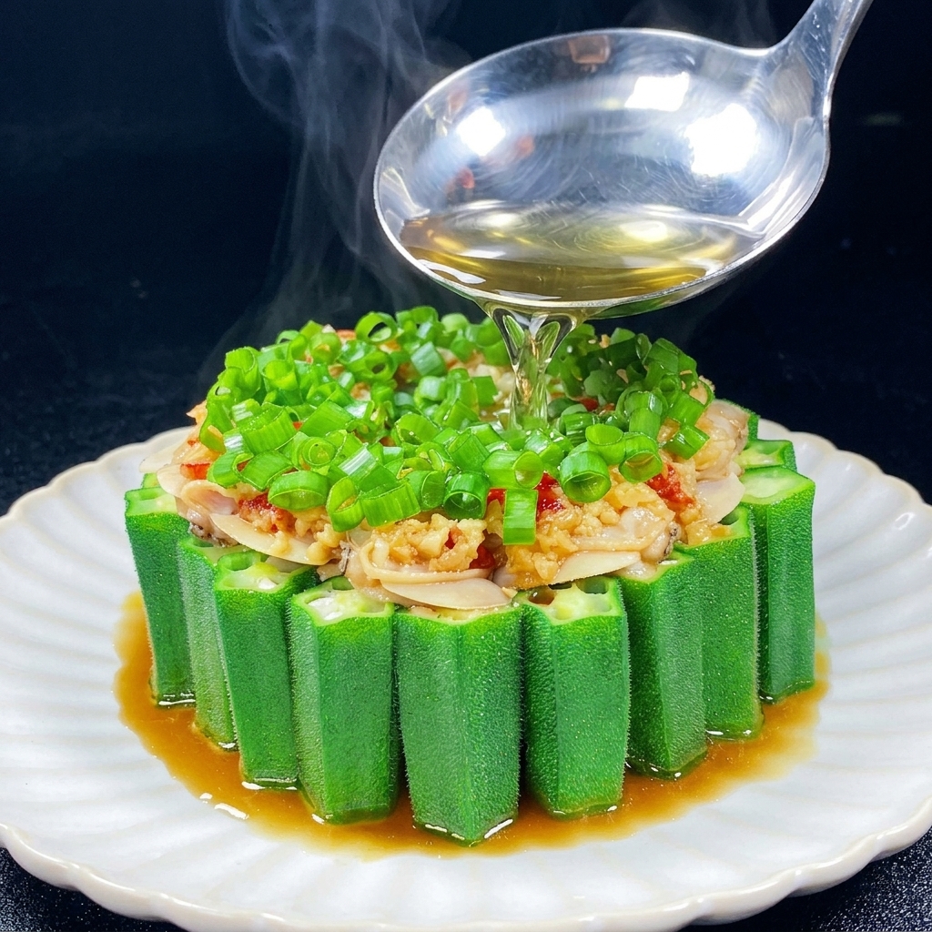 Un mestolo dargento che versa olio bollente su un piatto di okra, vongole e aromi con vapore che sale.