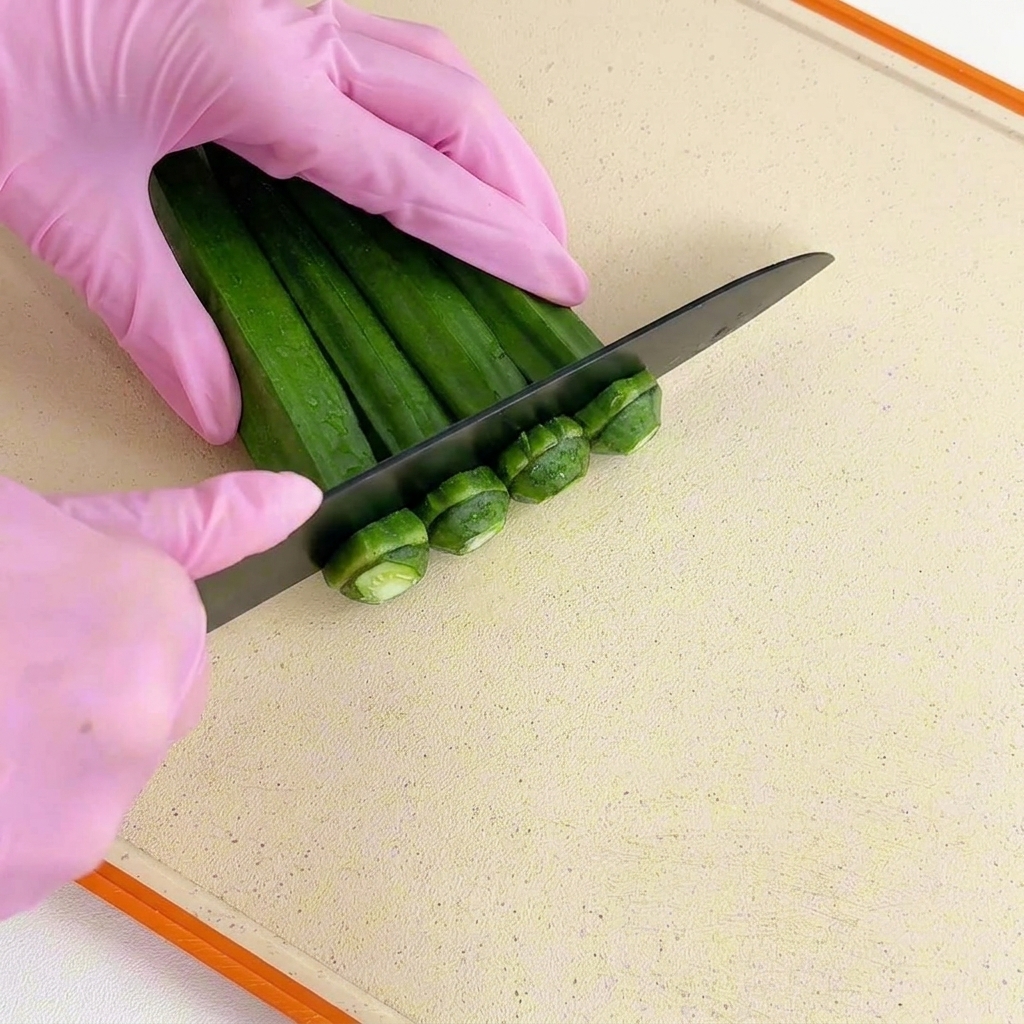 Mani con guanti usano un coltello nero per tagliare i piccioli di diversi baccelli di okra sbollentati su un tagliere bianco.