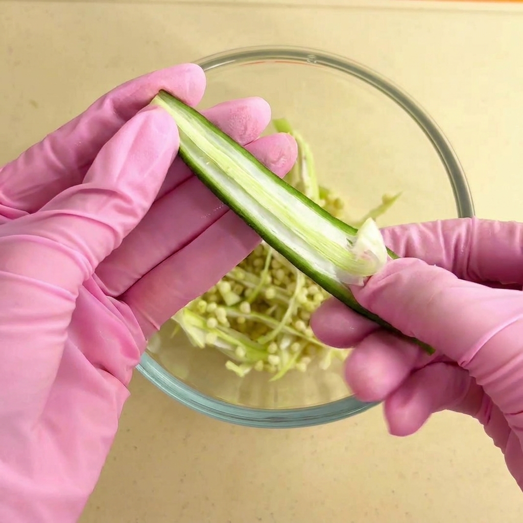 Mani con guanti scavano con cura la polpa bianca interna e i semi da una metà di okra sopra una ciotola di vetro.