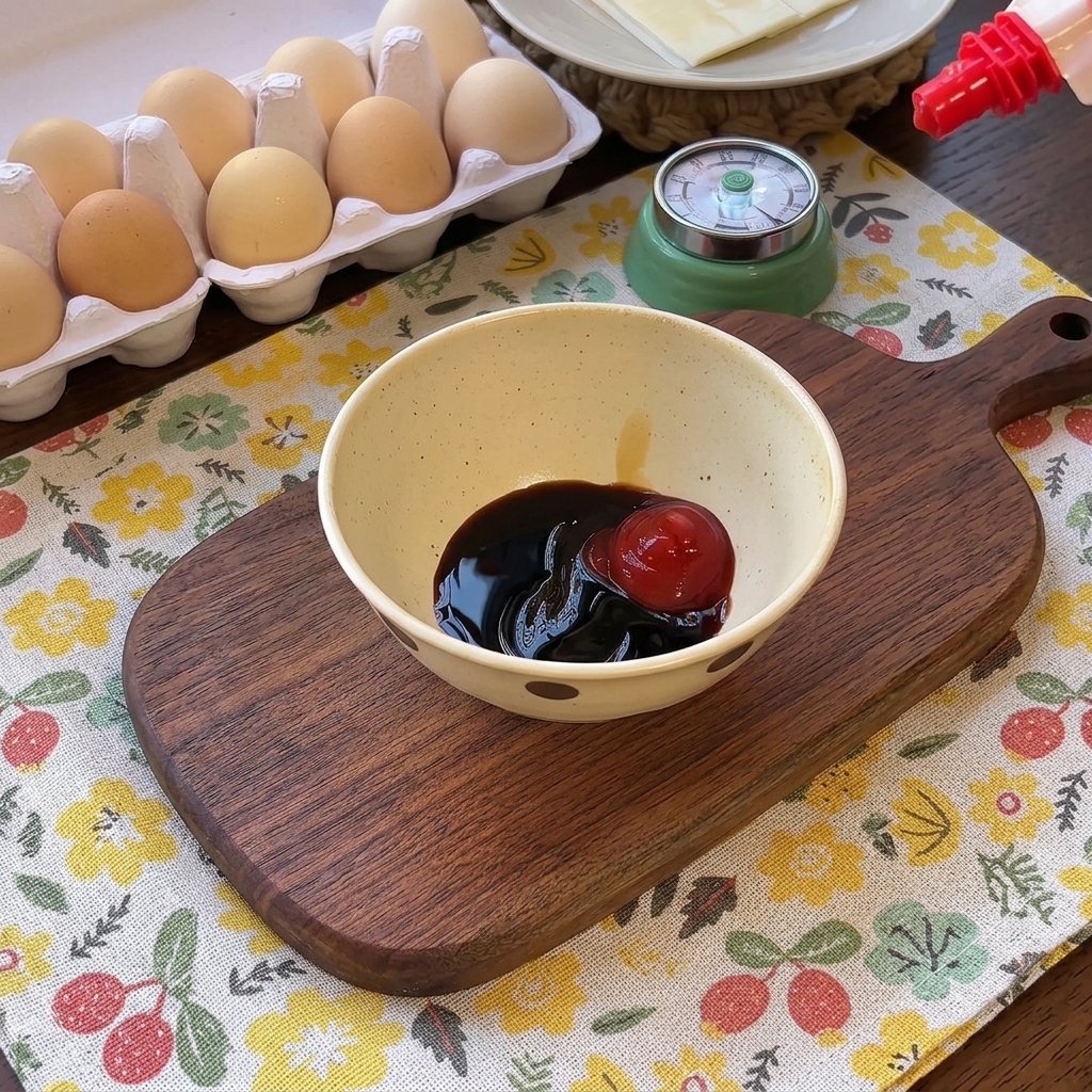 Una piccola ciotola contenente salsa di soia, salsa dostriche, ketchup e una piccola quantità di amido su un tagliere di legno.