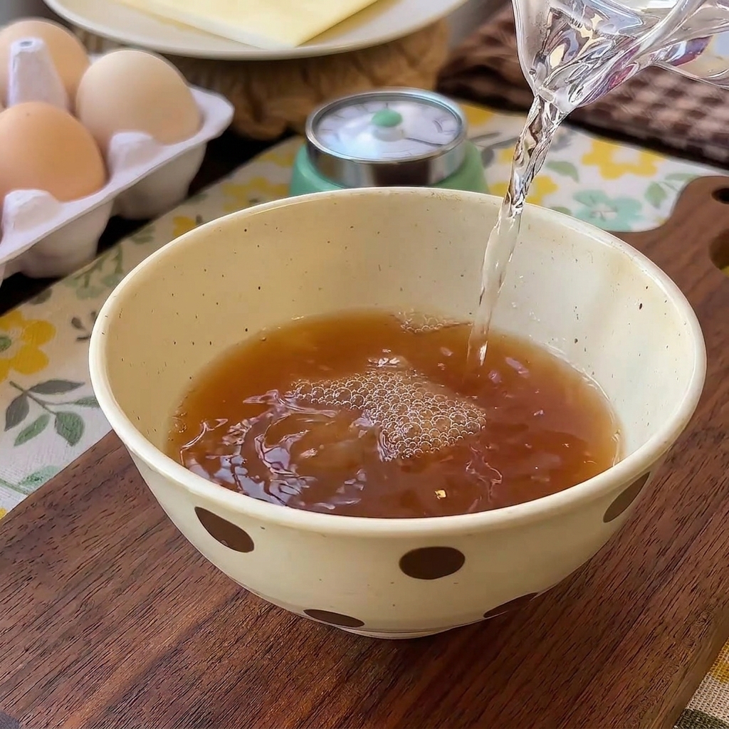 Acqua versata da una caraffa in una ciotola con salsa scura, creando leggere bolle in superficie.