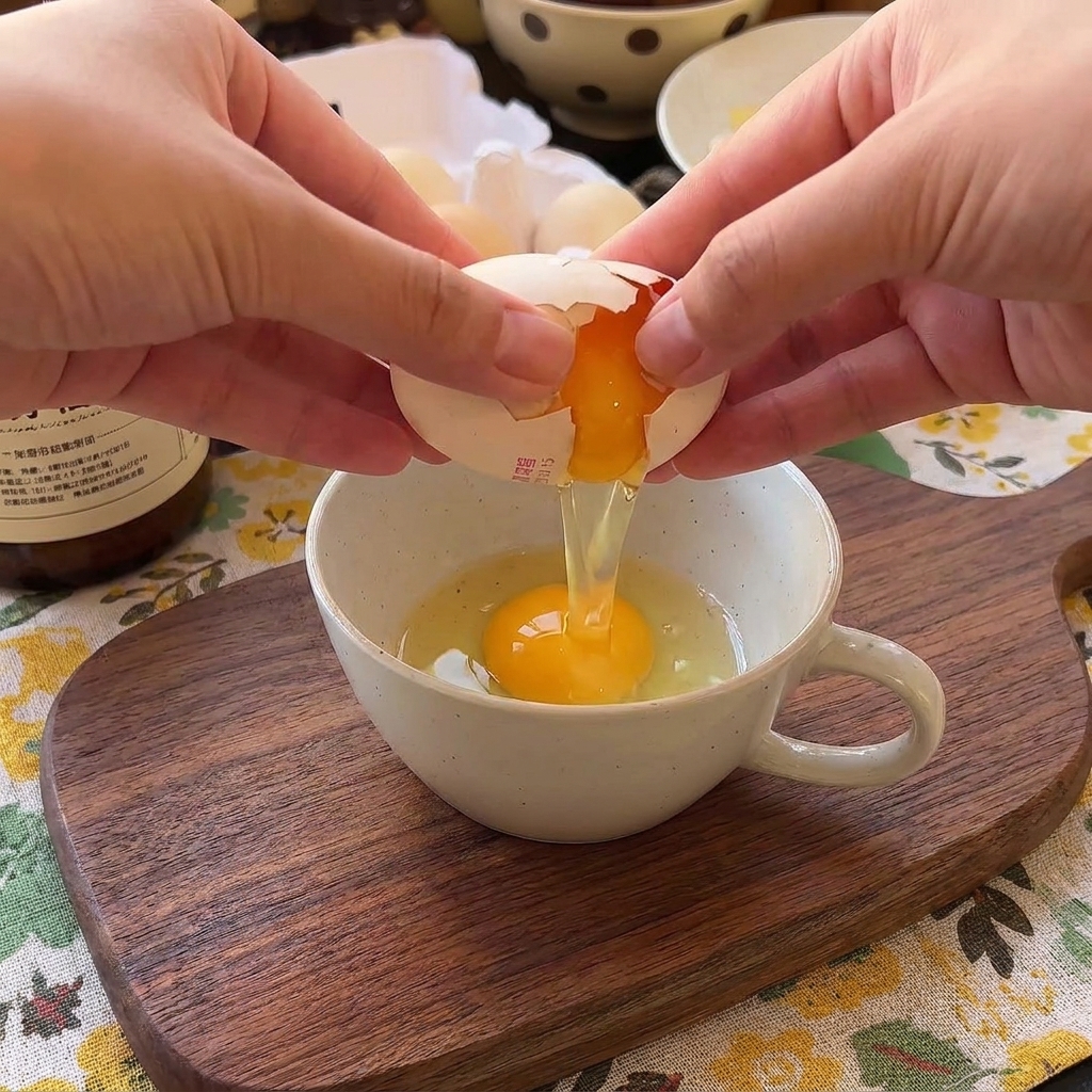 Mani che rompono un uovo fresco in una tazza di ceramica che contiene già un altro uovo.