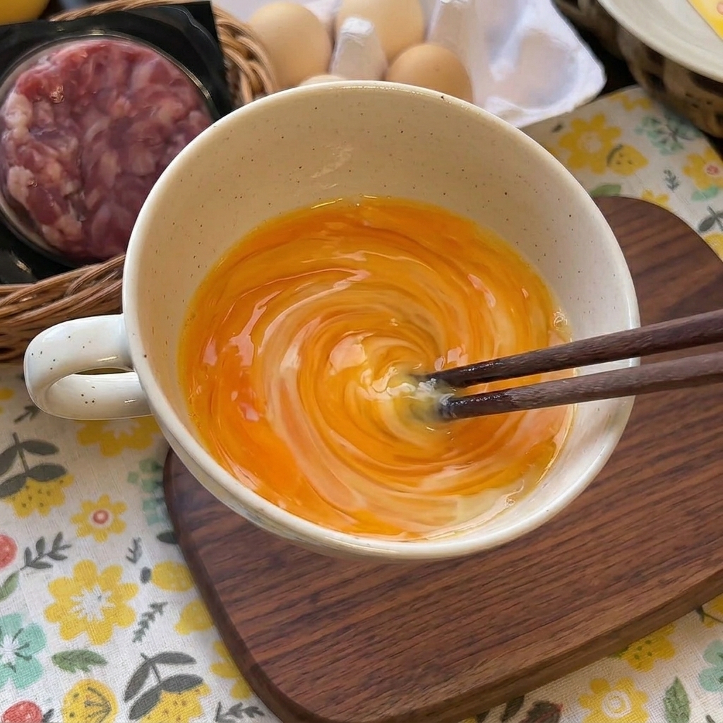 Bacchette che mescolano uova e latte in una tazza, creando un effetto vortice.