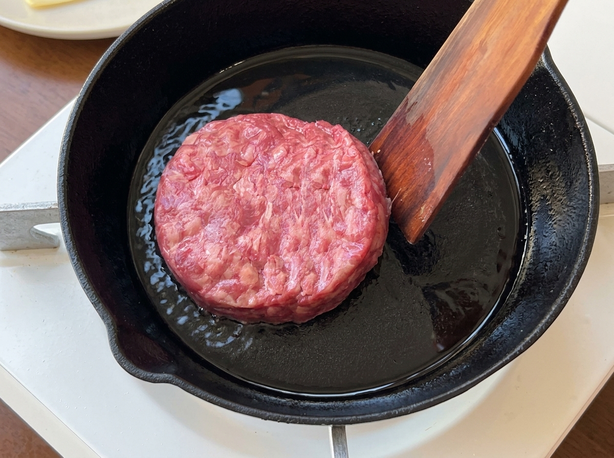 Una spatola di legno che adagia un hamburger di manzo crudo in una padella di ghisa calda e oliata.