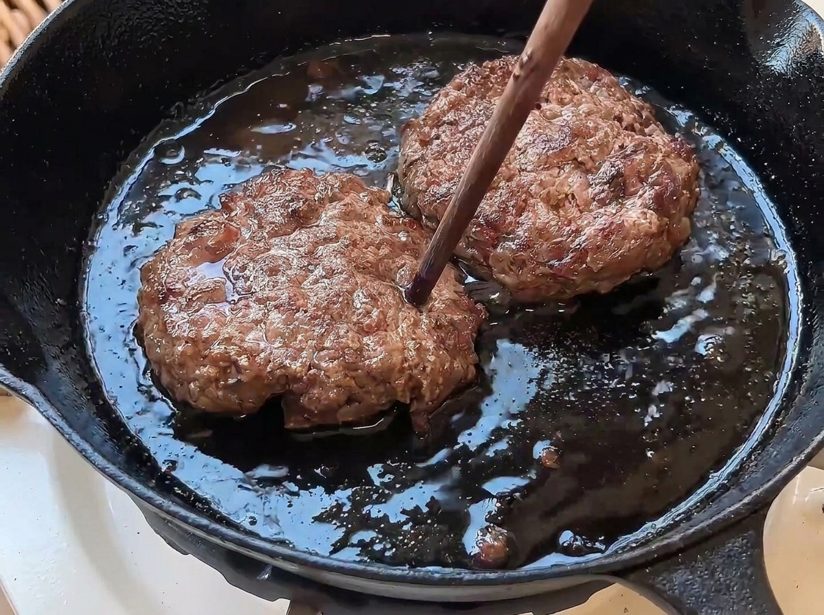 Una bacchetta di legno che punge il centro di un hamburger ben cotto in una padella di ghisa.