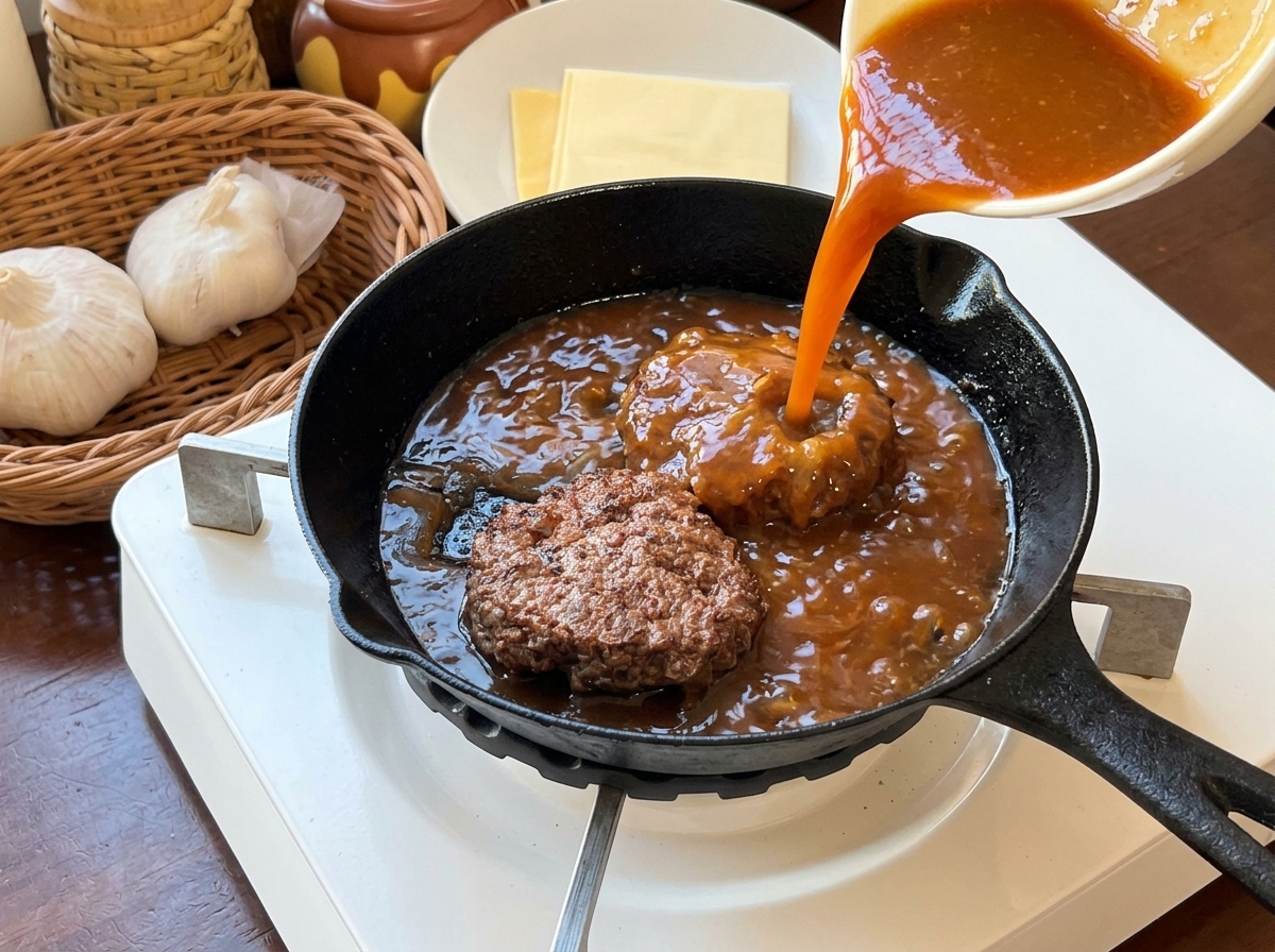 Salsa bruna versata da una ciotola bianca sopra due hamburger cotti in una padella di ghisa.
