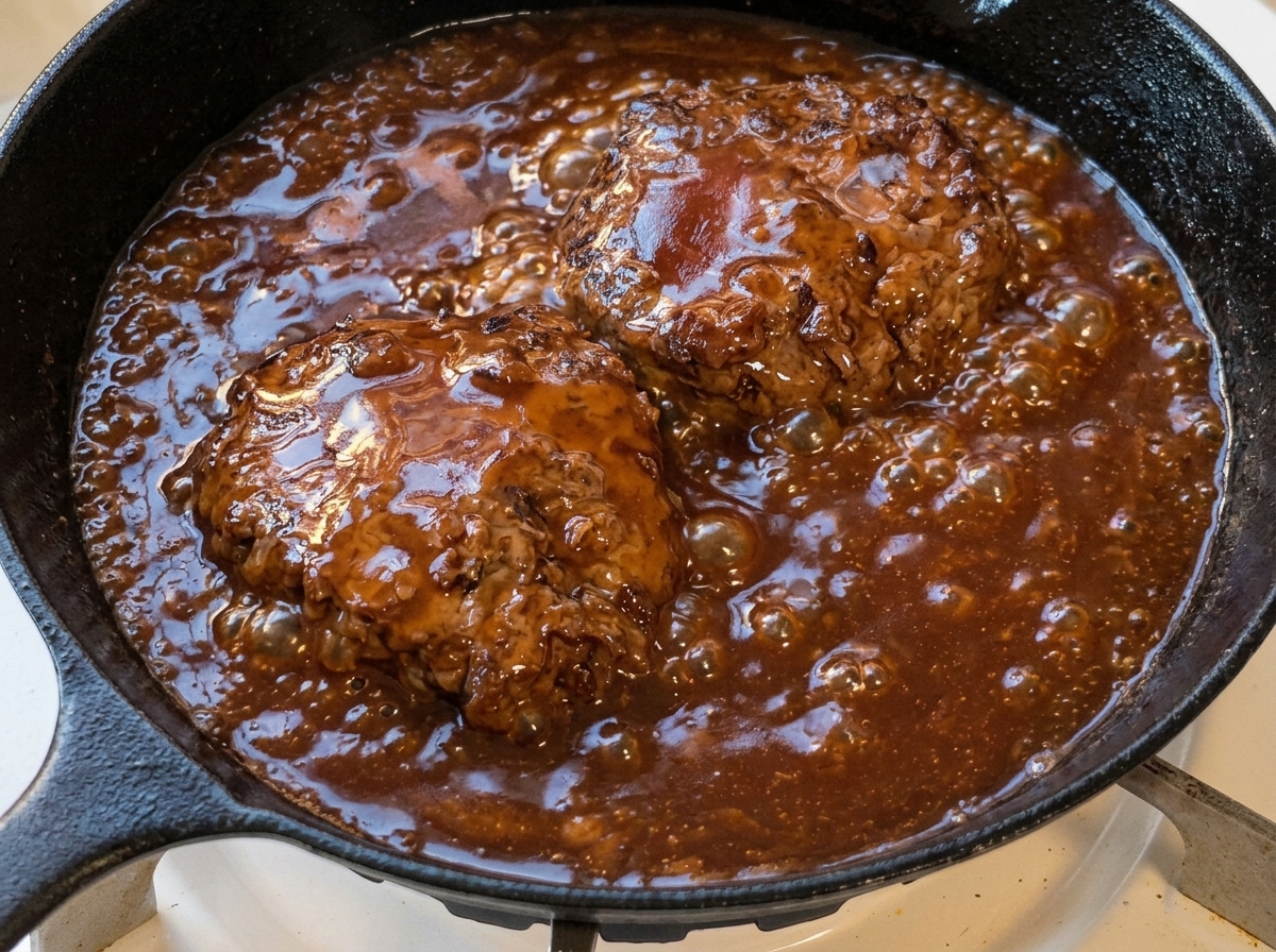 Due hamburger che sobbollono in una salsa bruna densa e spumeggiante allinterno di una padella.