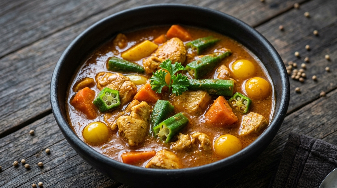 Curry di Pollo e Okra con Pasta e Peperoni Arrostiti