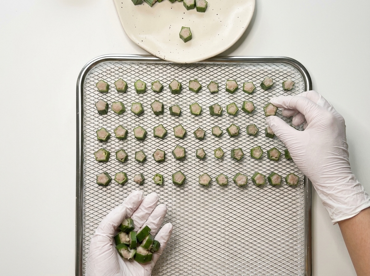 Mani con guanti dispongono con cura le fette di okra farcite di pollo su un vassoio a rete metallica dellessiccatore.