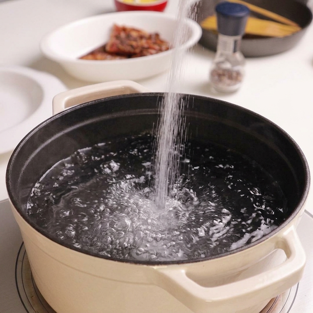 Sale che viene versato in una pentola dacqua bollente.