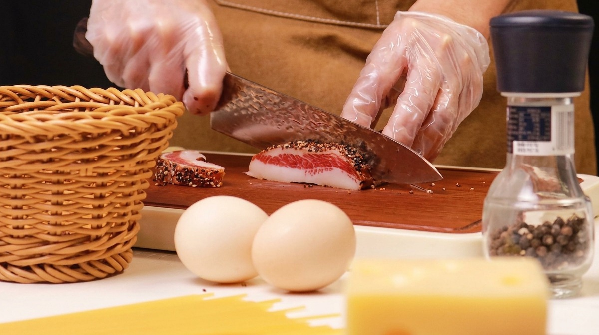 Mani che tagliano una fetta di guanciale pepato su un tagliere di legno.